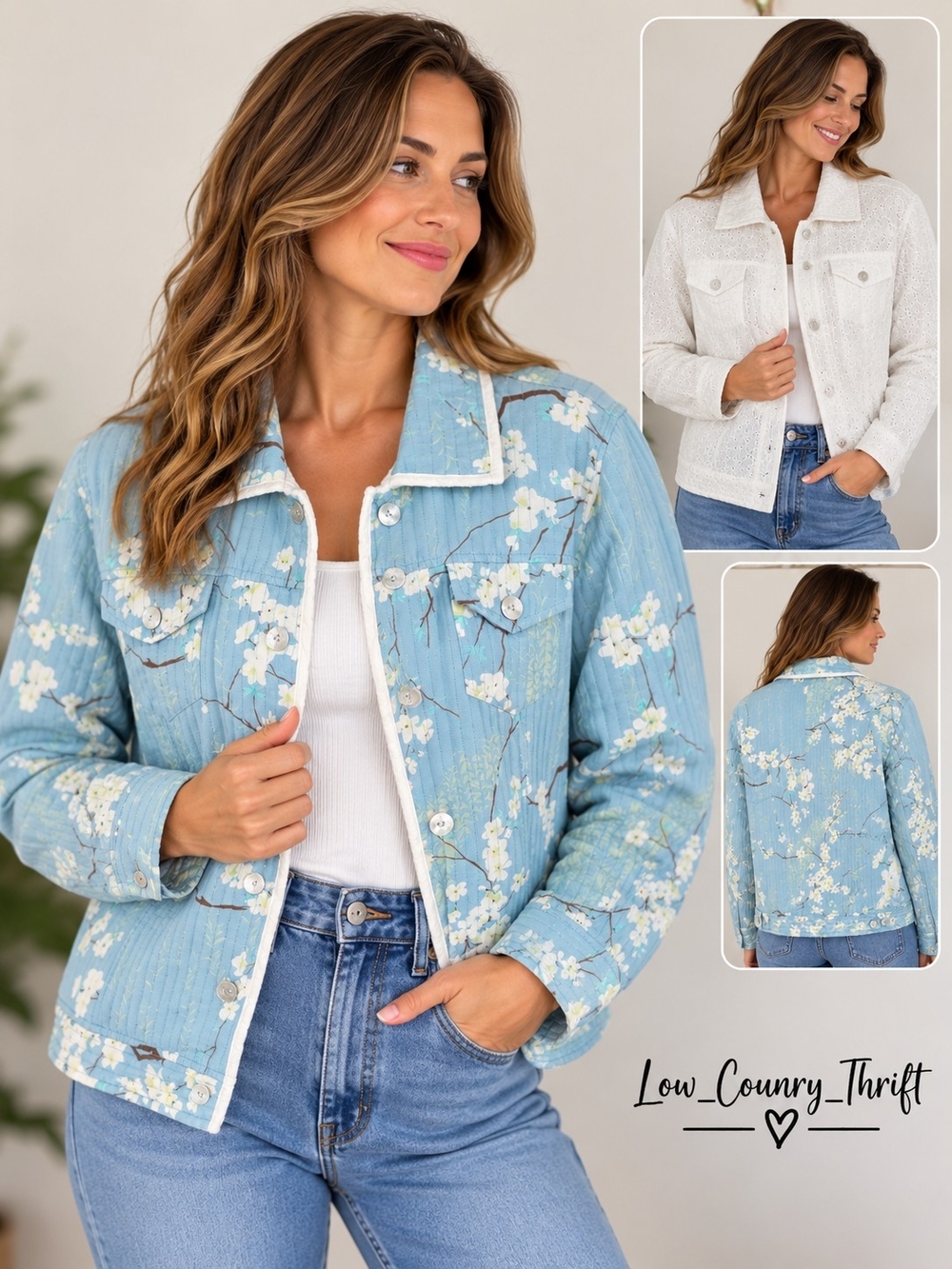 Reversible Quilted Floral Jacket Women's L Blue White Button Front